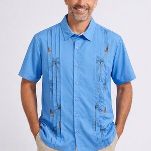 Hardaddy Blue Palm Tree Camp Shirt Medium Cotton Linen Tropical Guayabera